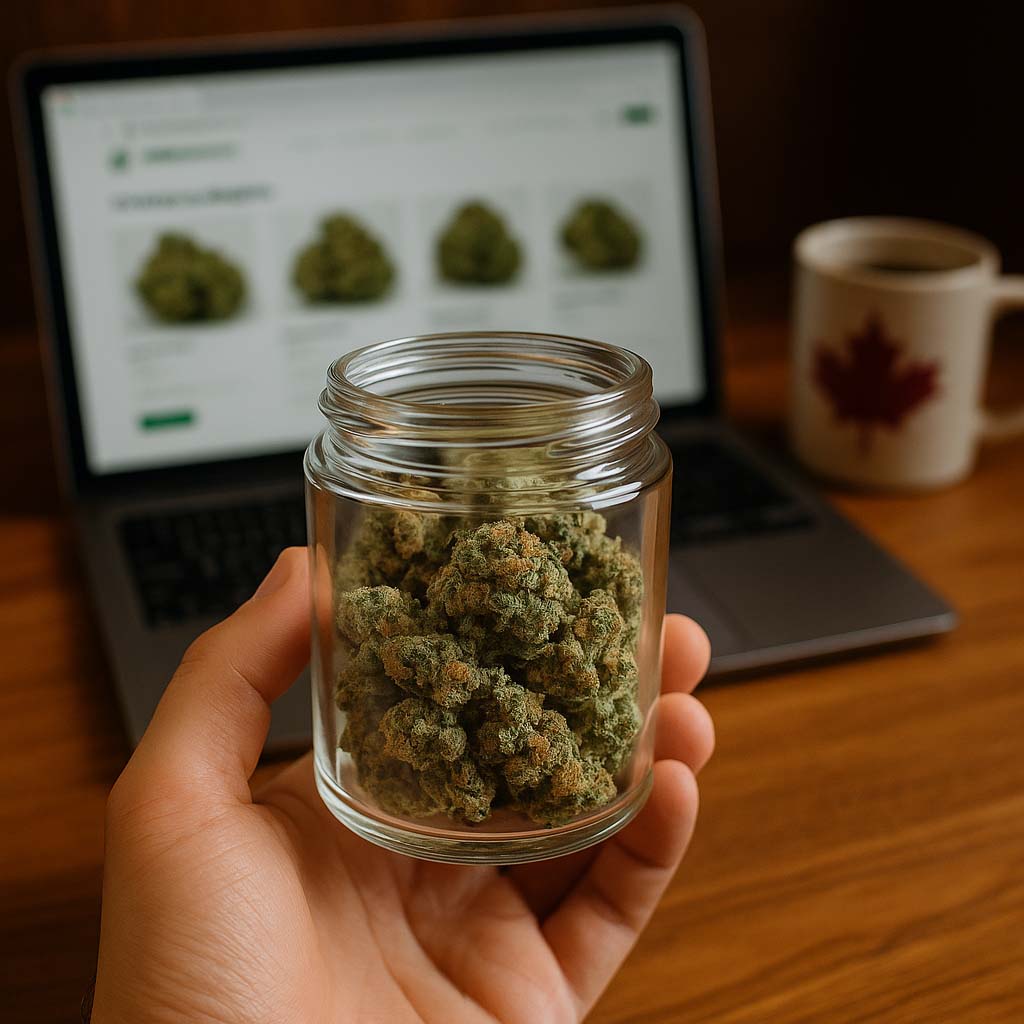 A hand holds a jar of indica cannabis buds in front of a laptop displaying an online dispensary, with a maple leaf mug beside it.